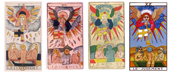 Four versions of the Judgment trump of the Marseilles Tarot